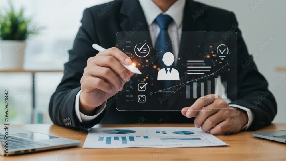 Poster a businessman analyzing data on a transparent screen with charts and graphs in a modern office space