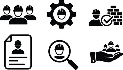 Construction workers icon set, engineering vector design, labor recruitment symbols, contractor team management, black silhouette clipart, safety job tools