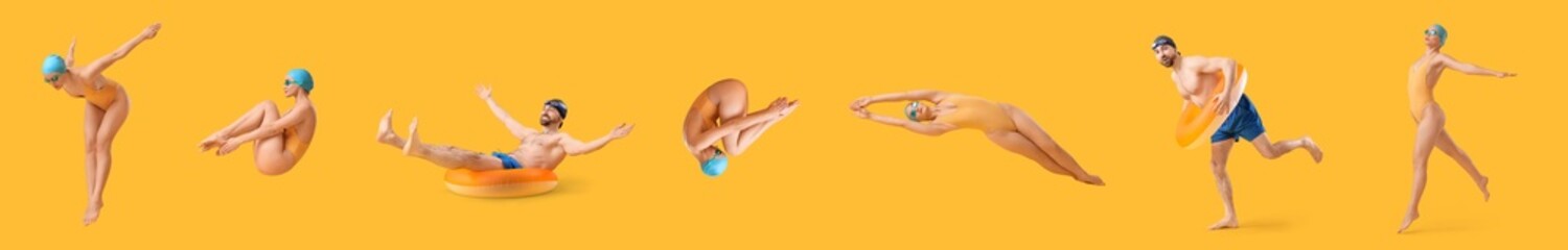 Naklejka na ściany i meble Collage of sporty woman in swimsuit and young man with inflatable ring on yellow background