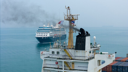 Smoke exhaust gas emissions carbondioxide from cargo lagre ship container ship,Marine diesel engine exhaust gas from combustion, Gas Emission Air Pollution from transportation. green house effect Eco