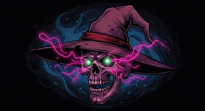A vibrant illustration of a skull wearing a witch's hat with glowing green eyes and pink magical energy.