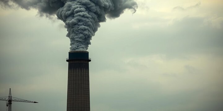Immense industrial chimney belching thick, dark smoke into overcast sky,  pollution,  atmosphere