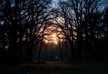 Moody, twilight light filters through dense, ancient trees in Uppsala's nature reserve ,  landscape,  nature reserve