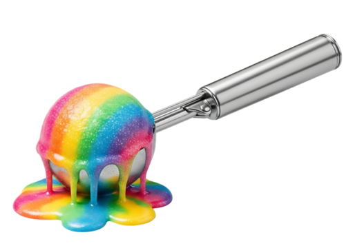 Rainbow ice cream scoop with glitter, melting and dripping, isolated on transparent background