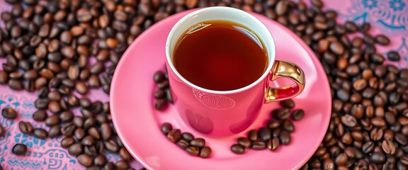 Obraz premium Warm coffee mug on vibrant pink plate nestled amongst aromatic coffee beans, breakfast, delicious