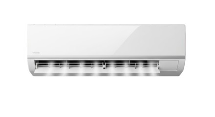 Modern white wall-mounted air conditioner unit with louvers open, dispensing cool air into a room, showcasing efficient climate control technology