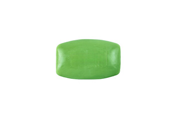 A bar of olive coloured toilet soap isolated on a white background.