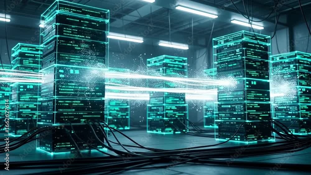 Poster visualizing data flow between server racks in warehouse setting