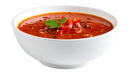 Spicy tomato soup in a white bowl