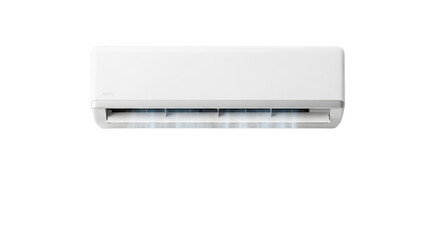 A modern white wall-mounted air conditioner unit providing cool air for home climate control, isolated on a clean white background for product mockups
