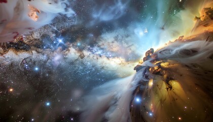 A breathtaking panoramic view of a vast cosmic nebula glowing in deep blues and golds