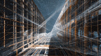 Tech overlays on architecture or abstract digital patterns