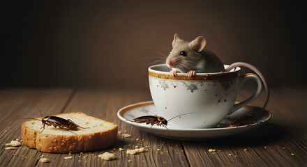 Whimsical mouse peeking from elegant teacup with roaches and bread for whimsical storybook illustration, humorous scene, or conceptual imagery