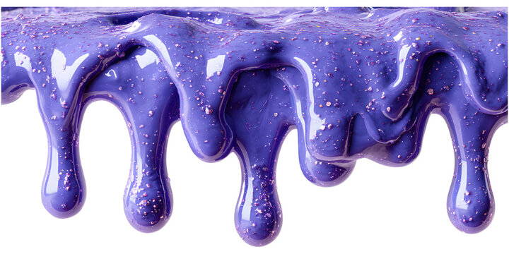 Vibrant purple slime dripping down with sparkling glitter isolated background