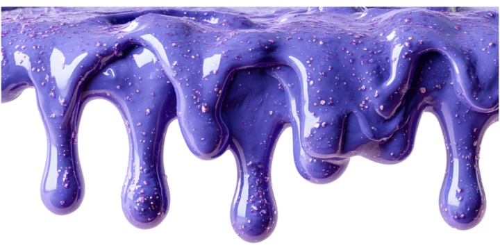 Vibrant purple slime dripping down with sparkling glitter isolated background