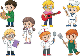 Black and white cartoon illustration of children in different professions, coloring book page, educational activity, career concept, kids learning