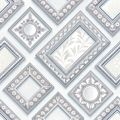 Luxury silver frames with frosty crystal textures, seamless repeating.