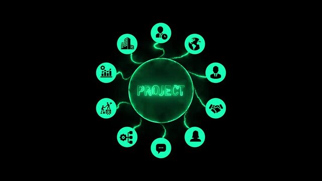 glowing green project of interconnected icons against a black background, symbolizing digital connectivity, global communication, and the inter connectedness of various business and social elements.