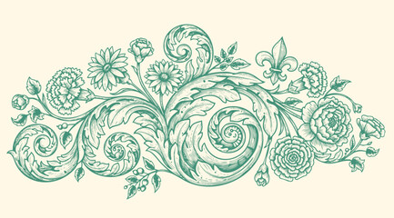 Vintage Baroque Victorian frame border flower pattern vector floral engraved scroll ornament leaf retro decorative design. filigree calligraphic heraldic shield swirl