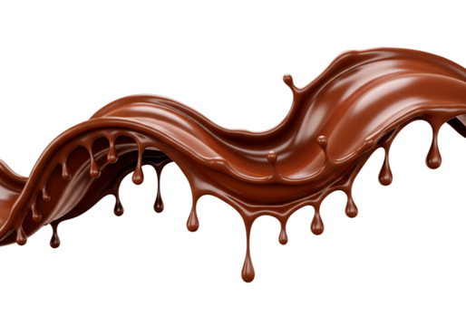 Rich brown chocolate liquid splash with dripping droplets isolated on a transparent background dark