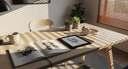 Sunlight streams into a home office, illuminating a wooden table with open sketchbooks and digital tablet displaying artwork.