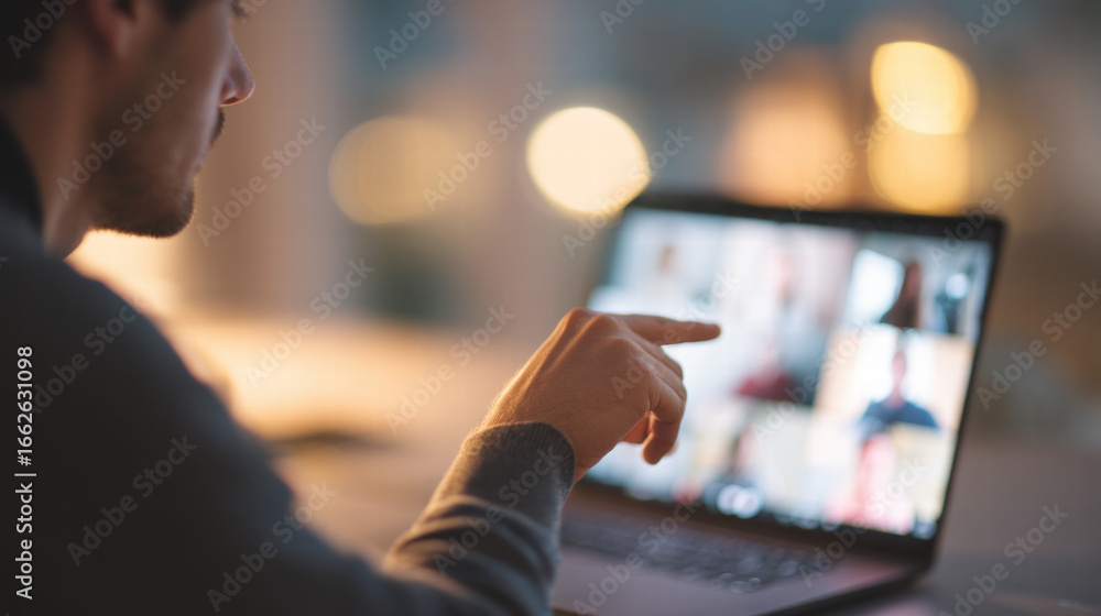 Poster man working remotely at home using laptop pointing at screen during video call