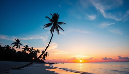 Serene sunset over tranquil beach, palm trees silhouetted against fiery sky, soft glow,   seascape,   image
