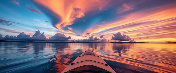 Serene sunset, paddleboard on calm water reflecting vibrant sky colors, tranquil, vacation