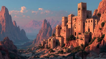 Ancient desert fortress on mountain high resolution picture