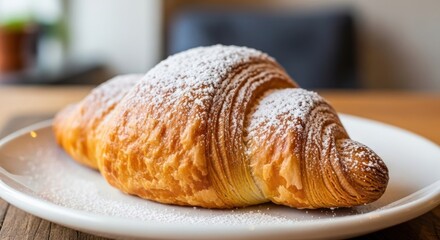 Enjoy fresh croissant with powdered sugar for breakfast indulgence now