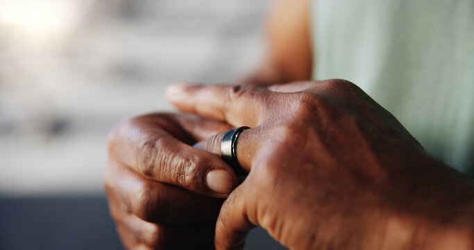 Smart ring, fitness and hands of man in gym for tracking exercise, training and workout progress. Sports, recovery and person rest with digital tech for wellness app, performance and stats for health - Powered by Adobe