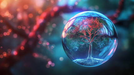 Surreal glowing tree inside crystal sphere. Fantasy nature concept illustration.