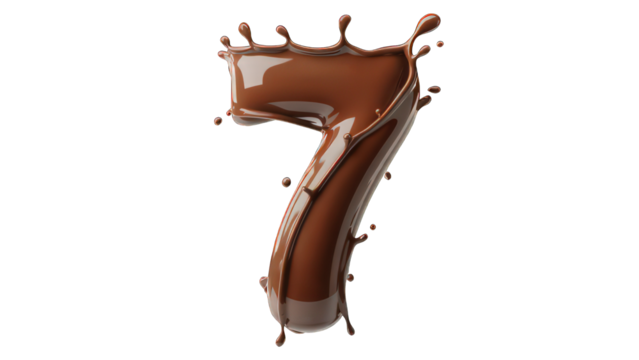 Chocolate Number Seven with Splash Transparent, a delicious dessert font for creative designs and artistic typography projects, cutout