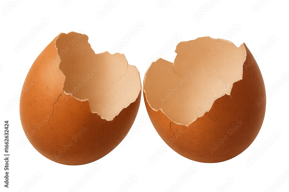 Poster two halves of a broken brown eggshell are laying on a transparent background, ready for compositing