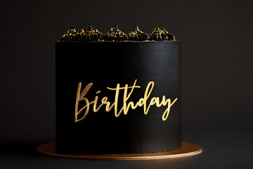 Celebrate with this modern black birthday cake adorned with gold lettering, an elegant treat perfect for upscale parties and memorable moments of joy