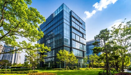Modern office building surrounded by greenery under a clear sky