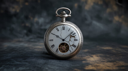 A cracked and aged pocket watch on a dark, textured surface.