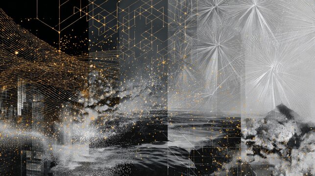 Tech overlays on architecture or abstract digital patterns