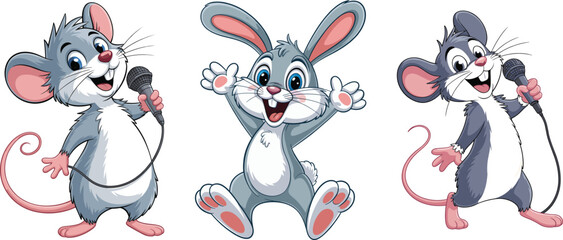 Cute cartoon mice singing with microphone, happy bunny jumping, adorable animals characters, vector illustration, fun entertainment, kids cartoon style