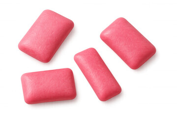 Four pink rectangular chewing gums falling against a transparent background, ready for refreshing breath