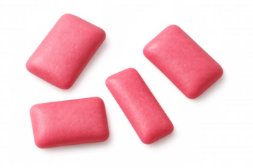 Four pink rectangular chewing gums falling against a transparent background, ready for refreshing breath