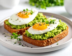 Two avocado toast slices topped with fried eggs