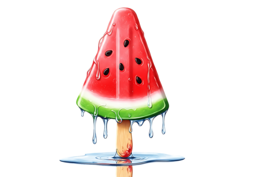 Watermelon slice ice pop melting and dripping isolated on transparent background - Powered by Adobe