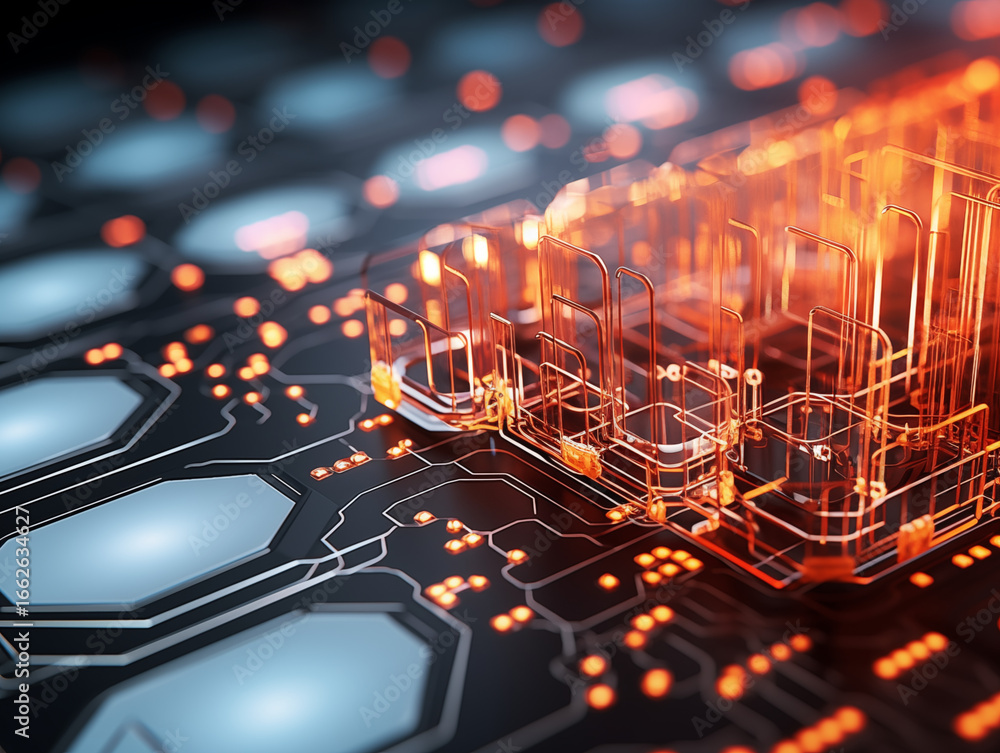 Poster futuristic circuit board design with glowing orange elements, perfect for tech visuals and concepts