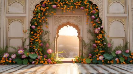Sandstone Fort Archway with Marigolds, Lotus Blooms, and Palace Wall in Golden Sunset Light
