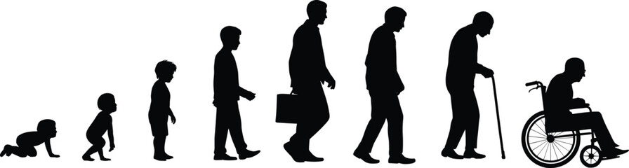 Human Evolution Silhouettes Showing Life Stages from Baby to Elderly, Depicting Growth, Development, Aging Process in Black and White