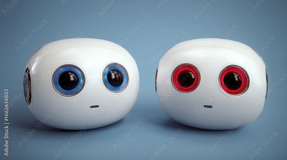 Aufkleber two white robots with striking red eyes illustrating the concept of enhanced communication in artifi