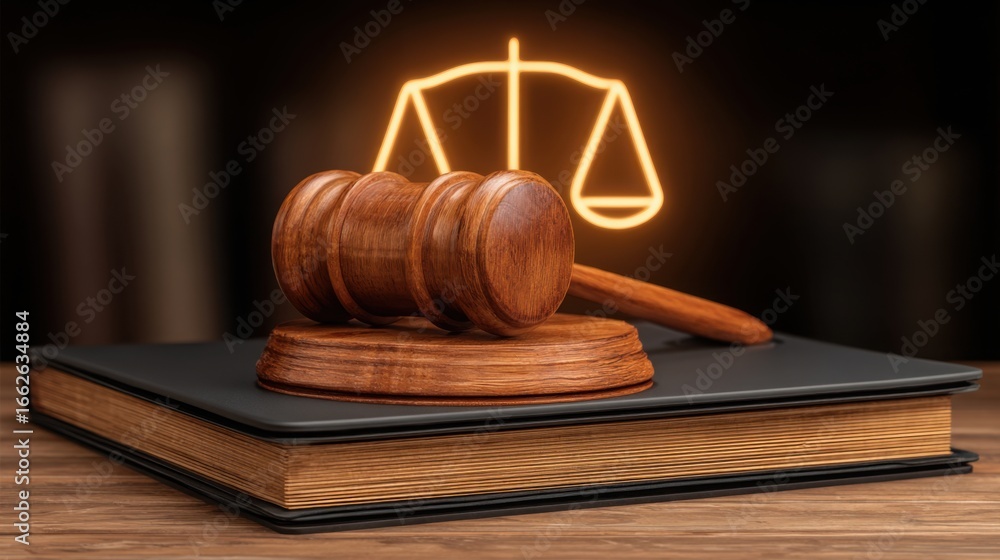 Poster ai legal workflow manager featuring a wooden gavel resting on an open book symbolizing justice and o