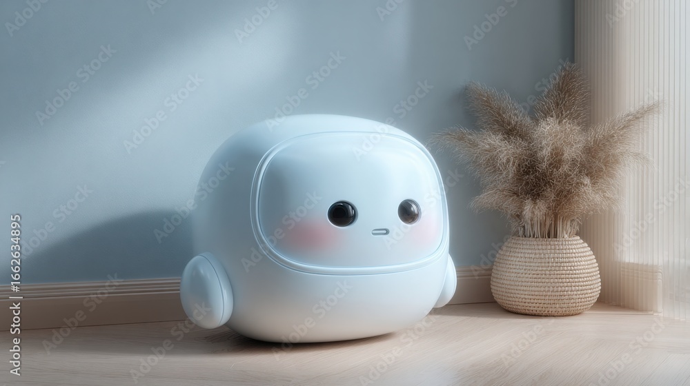 Poster ai meeting facilitator represented by a robot sitting on the floor with a clean interface showcase o