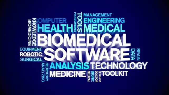 Biomedical software animated word cloud-text design animation tag kinetic typography seamless loop.